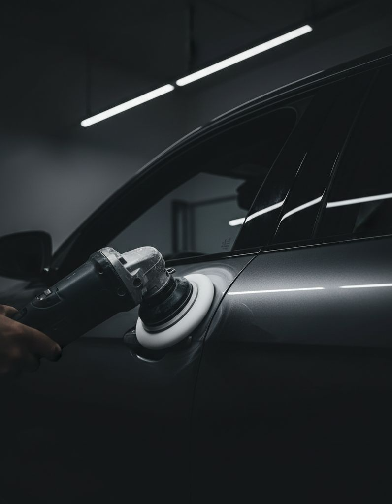 Machine polisher pad meeting a dark car panel, compound haze on the paint