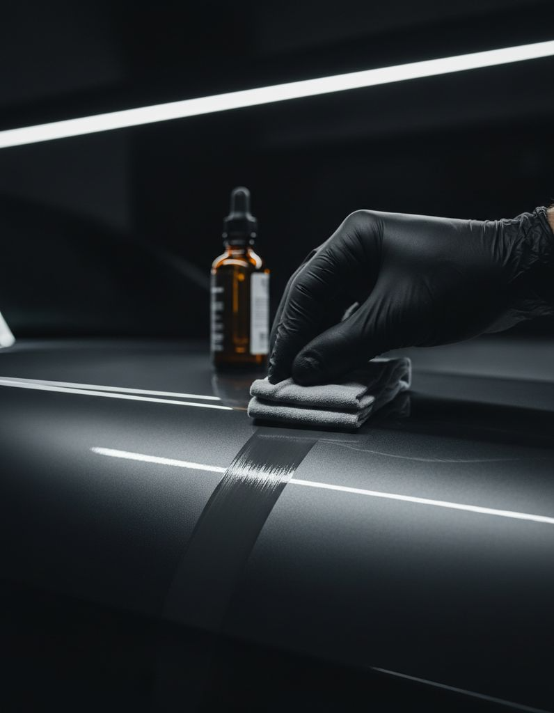 A coating applicator laying the first wet band of ceramic coating across delivery-fresh paint