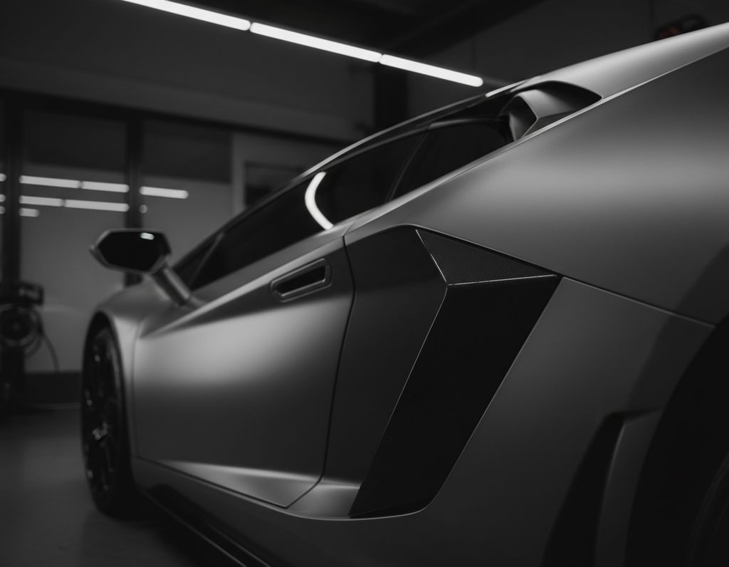 Deep cleaned paint and composite trim around the side intake of a mid-engined supercar