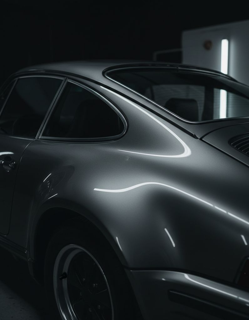 Corrected and ceramic coated paint on the rear haunch of a rear-engined sports coupe